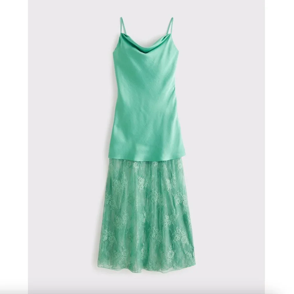 Abercrombie & Fitch Green Cowl Neck Satin Strappy Lace Mini Maxi Skirt Dress